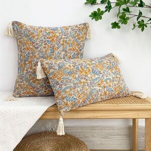 Set of 2 Maize Floral Jacquard Throw Pillow Covers with Tassels (Indoor Use)